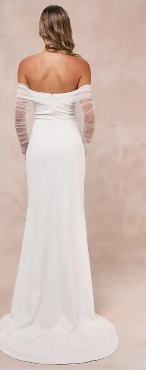 LULU's Beautifully Beloved White Mesh Off-the-Shoulder Bridal Gown NWOT thumbnail 1