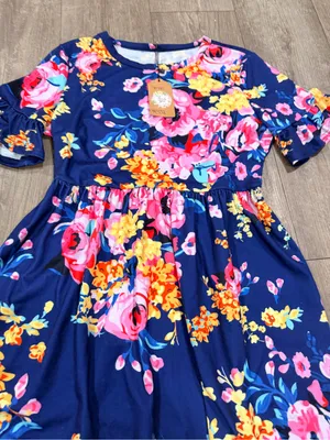 Navy Floral Ruffle Sleeve Women’s Dress thumbnail 8