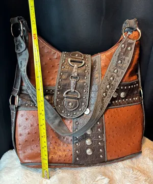 Western Ostrich Croc Embossed Studded Hobo Shoulder Bag Cognac Brown Horsebit‎ thumbnail 1