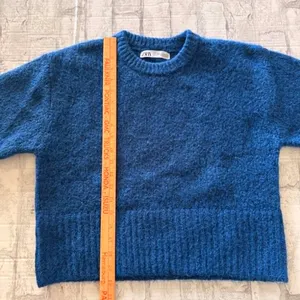 Zara Blue Short Sleeve Fuzzy Knit Alpaca Wool Blend Cropped Sweater Top Sz M thumbnail 8