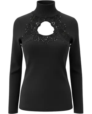 Vintage Whimsigoth Witchy Mock Neck Top Lace Sequin Embellished Knit Sweater thumbnail 1