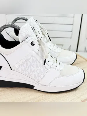 Michael Kors Georgie Logo Wedge Heel Leather Mid Top Sneakers White Black 8.5 thumbnail 7