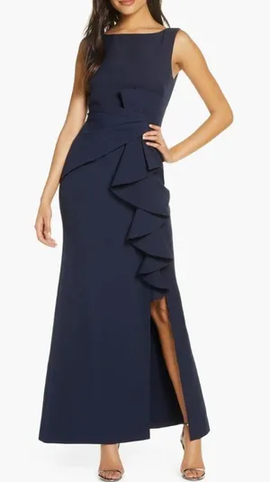 NWT Eliza J Ruffle Front‎ Sleeveless Floor Length Gown in Navy Blue thumbnail 1