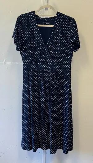 L.L. Bean Navy Polka Dot Faux Wrap Midi Dress Empire Waist 504854 M Reg thumbnail 1