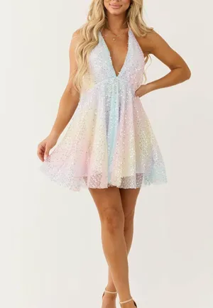 Lulus Lime Lush Pastel Rainbow Halter Dress thumbnail 1