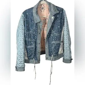 BLANK NYC Reversible Quilted Denim Jacket Large Blue Floral Snap Front Coat thumbnail 13