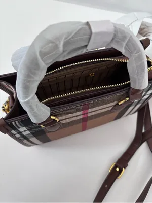 Classic Check Canvas Mini Tote Bag - Pink Stripe Brown Leather Crossbody thumbnail 7