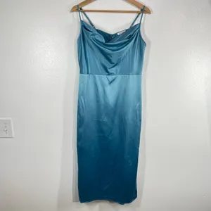 VENUS Teal Satin Slip Dress Size 8 Cowl Neck Adjustable‎ Straps Midi Slit Party thumbnail 2