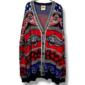 Farm Rio Art to Wear Fair Isle Knit Cardigan Sweater Hearts Fish Waves Large thumbnail 4