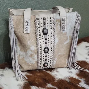 Neutral Cowhide Fringe Satchel Tote - Stylish Everyday Bag thumbnail 1