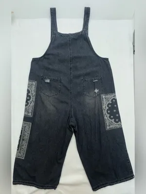 EASEL Lg Washed Black Denim Overalls Paisley Bandana Distressed Wide Leg thumbnail 4