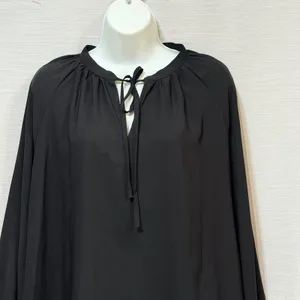 Ann Taylor Womens XL Black Tie Neck Peasant Blouse Long‎ Raglan Sleeve Top thumbnail 3