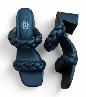 Serra Braided Double Strap Block Heel Slide Sandals Black Square Toe Chunky Sz 9 thumbnail 1