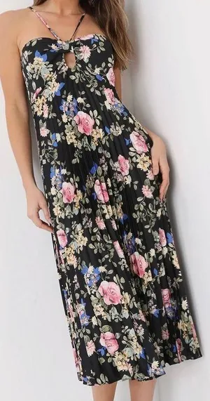 Radiant Drama Black Floral Print Pleated Halter Mid Dress thumbnail 1