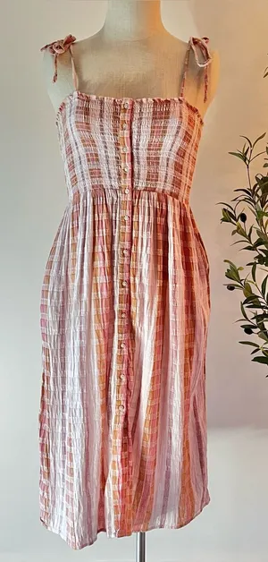 Aerie Plaid textured Pink and orange Button-Front Sundress thumbnail 1