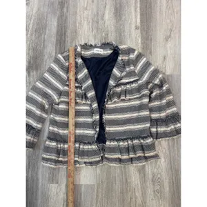 Sugarlips Striped Tweed Ruffle Jacket Navy Cream Frayed Edge Womens Size‎ Medium thumbnail 4