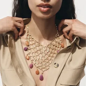 Zara Mesh Net Bib‎ Gold Necklace Resin Beads Bohemian Resort thumbnail 3