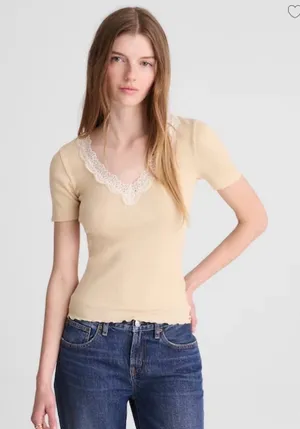 Madewell Shirt Womens XL Lace Trim Ribbed V Neck Short Sleeve Top Beige NY958 thumbnail 1
