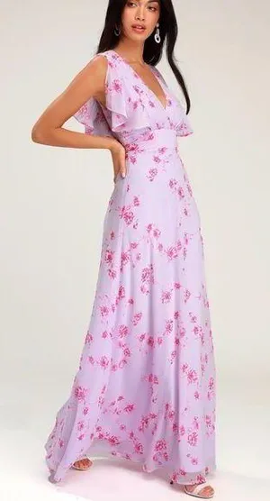 Lulu’s Dearly Loved Lavender Floral Print Flutter Sleeve Maxi Dress thumbnail 1