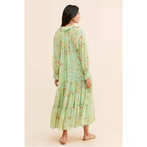 Free People Feeling Groovy Maxi Dress Size Large 70s Chartreuse Floral Bohemian thumbnail 5
