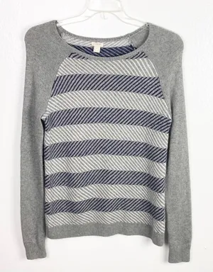 J. CREW FACTORY Gray Striped Merino Wool Blend Long Sleeves Sweater Small Preppy thumbnail 1