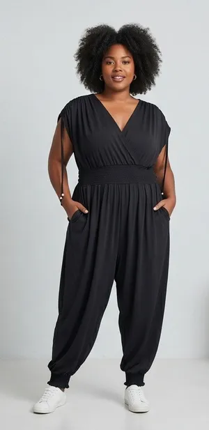 Black V-Neck Smocked Waist Harem Jumpsuit with Pockets thumbnail 1