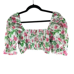 Hill House Womens The Isabella Top Crop Smocked Puff Sleeve Pink Roses White M thumbnail 3