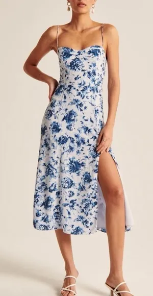 Abercrombie & Fitch Camille Satin Midi Dress Women’s Size XL Blue Floral Slit thumbnail 1