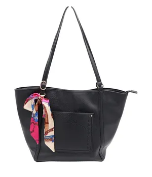Black Faux Leather Tote Bag with Scarf Accent Gold Hardware Large Shoulder Purse thumbnail 1