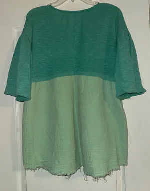 Oddi blue/green teal two tone color block v-neck tunic top with raw hem. Oversized thumbnail 2
