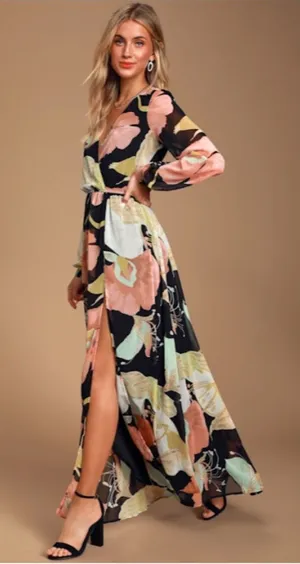 LULU's Floral Sexy Romantic Flowy Floral Wedding Formal Event Satin Maxi Dress thumbnail 1