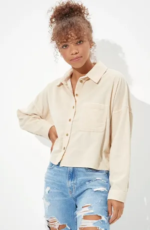 American Eagle Cropped Corduroy Button Up Shirt thumbnail 1