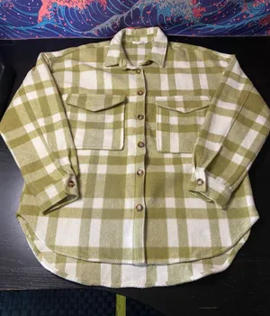 12th Tribe Olive and White Plaid Teddy Shacket thumbnail 1
