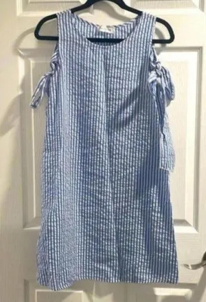 Ces Femmes Blue and White Seersucker Striped Cold Shoulder Shift Dress thumbnail 1