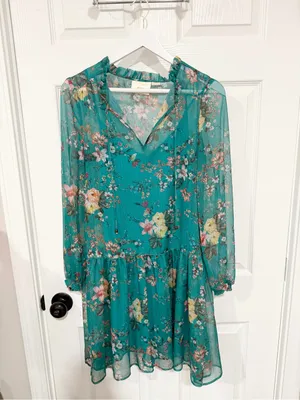 Anthropologie Maeve Teal Floral Chiffon Ruffle Mini Dress Boho Romantic XS thumbnail 8
