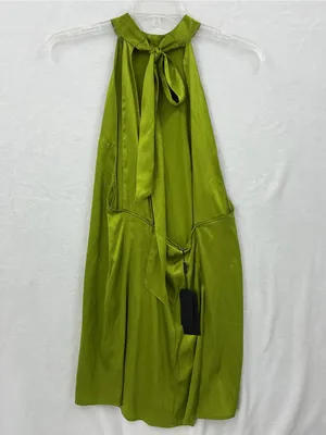97% silk High-Neck Olive Green Satin Mini Dress 1211 thumbnail 5
