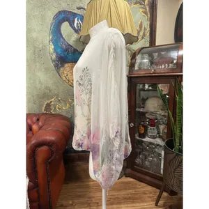 Viola Borghi Italy 100% Silk Floral Boho Kimono Blouse Top White Pink L Large thumbnail 5