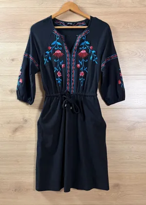 eShakti Cotton Embroidered Black Drawstring Waist Dress Size 4 thumbnail 1
