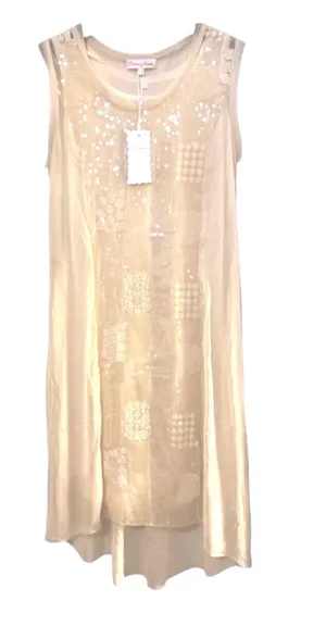 PRETTY ANGEL Sleeveless Silk Whimsy Sequins Lace Sheer Lined Midi Dress Sz L NWT thumbnail 1