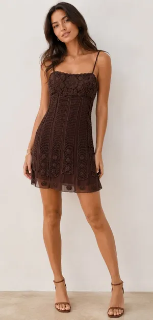 Sue Wong Y2K Chocolate Silk Crochet Panel’s Floral Appliqué Mini Dress Size 6P thumbnail 1