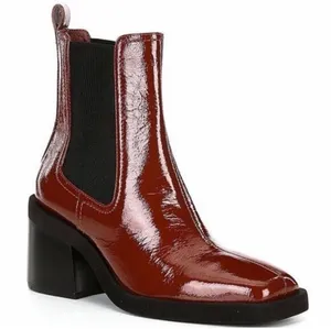 Gianni‎ Bini Banks Crinkle Patent Leather Double Gore Square Toe Brown Booties thumbnail 1