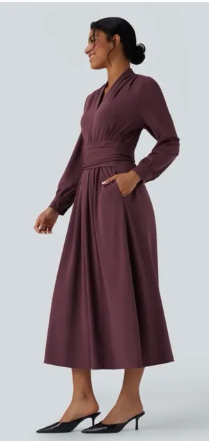 Halara NWT V-neck Long Sleeve Tie Back Midi Work Dress with Pockets in Plum Wine thumbnail 1