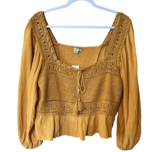 American Eagle NWT Blouse Top Crochet Gauze SZ LG Long Sleeves Mustard Smocking thumbnail 2