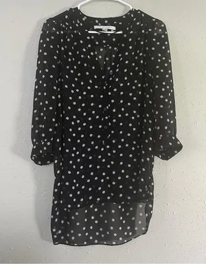 🦋LC Lauren Conrad Black Cream Polka Dot Semi Sheer Blouse Office Casual Neutral thumbnail 1