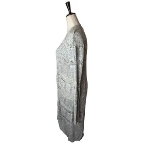 LOFT Outlet Cardigan Women Medium Grey‎ Open Knit Pointelle Longline Sweater thumbnail 6