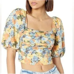 Abercrombie & Fitch square neck ruched puff sleeve top floral print, size large thumbnail 1
