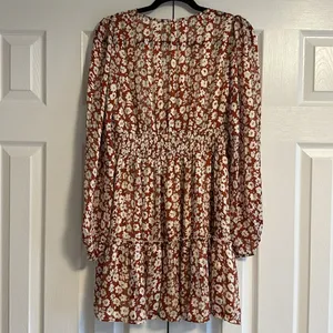 Endless Blue Women’s Dress, Brown with Floral and Gold Pinstripes, Size L thumbnail 8