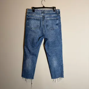 Zara TRF High Rise Distressed Straight Leg Denim Jeans Women's 14 Blue Raw Hem thumbnail 4
