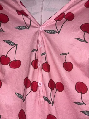Juniors Pink Long Sleeve Romper Onesie Pajama Cherry Print Sweet Text thumbnail 3