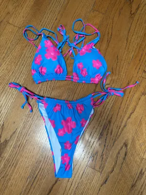 NWOT Bright Blue and Pink Floral Two-Piece String Bikini thumbnail 1